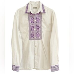 Lucky Brand White Button-Down Shirt with Purple Embroidered Placket